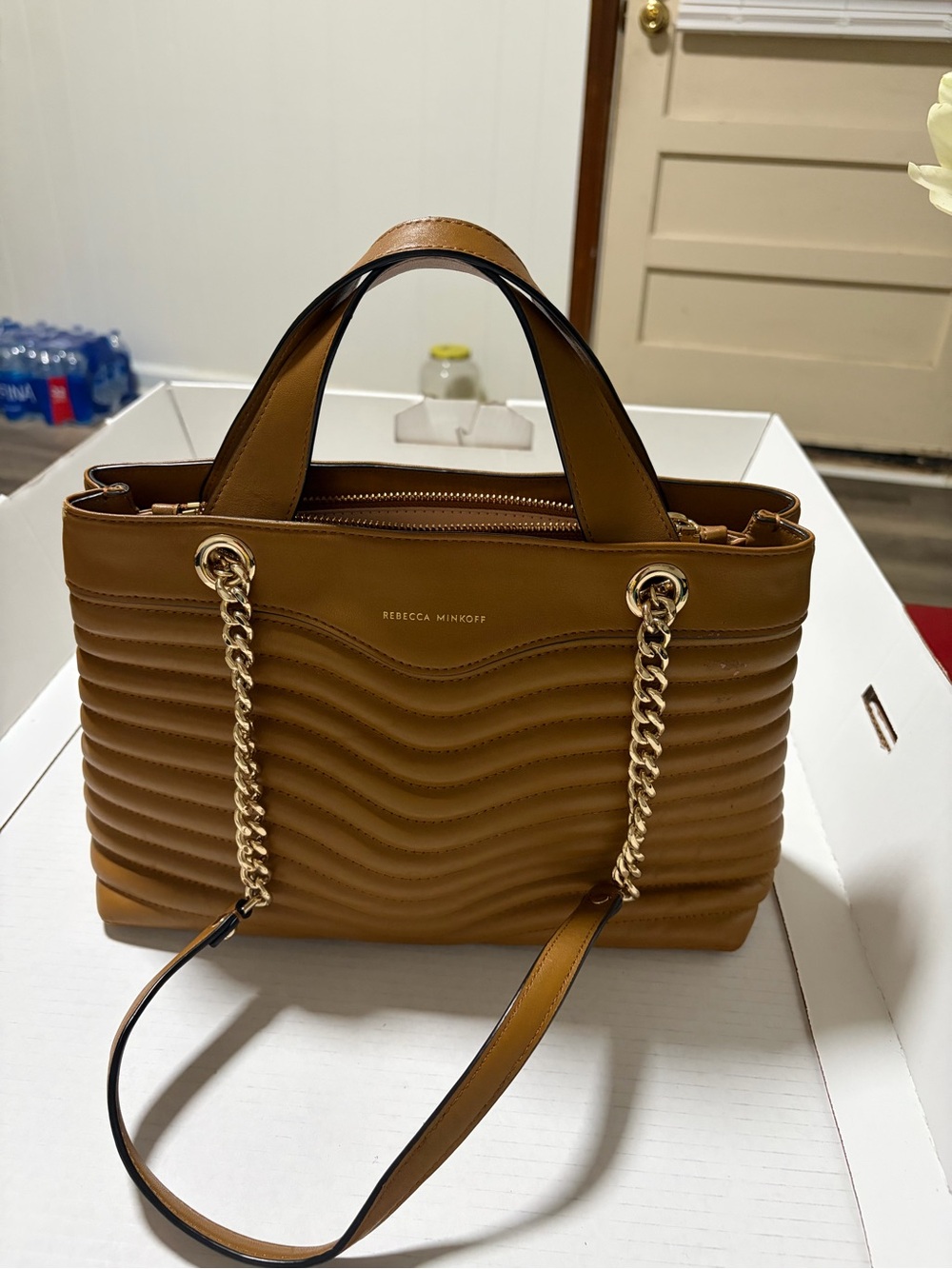 Rebecca Minkoff Cognac Quilted Shoulder Tote with Gold Chain